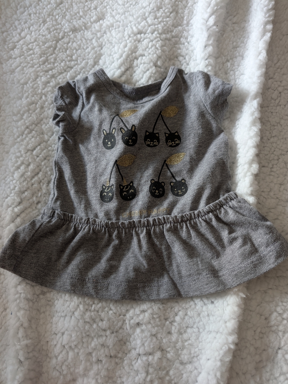 Carter's Gray Short-Sleeve Ruffle Hem Top with Gold Cherry Faces